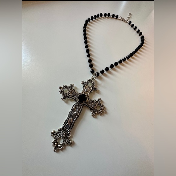 Statement Cross Necklace Floral Design Cross Goth Large Black Crystal Unisex New - Picture 8 of 11